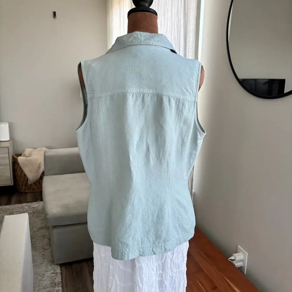 90s Vintage Anne Brooks Petite Linen Blend Sleeveless Button Up Blouse Size 14 - Picture 3 of 12